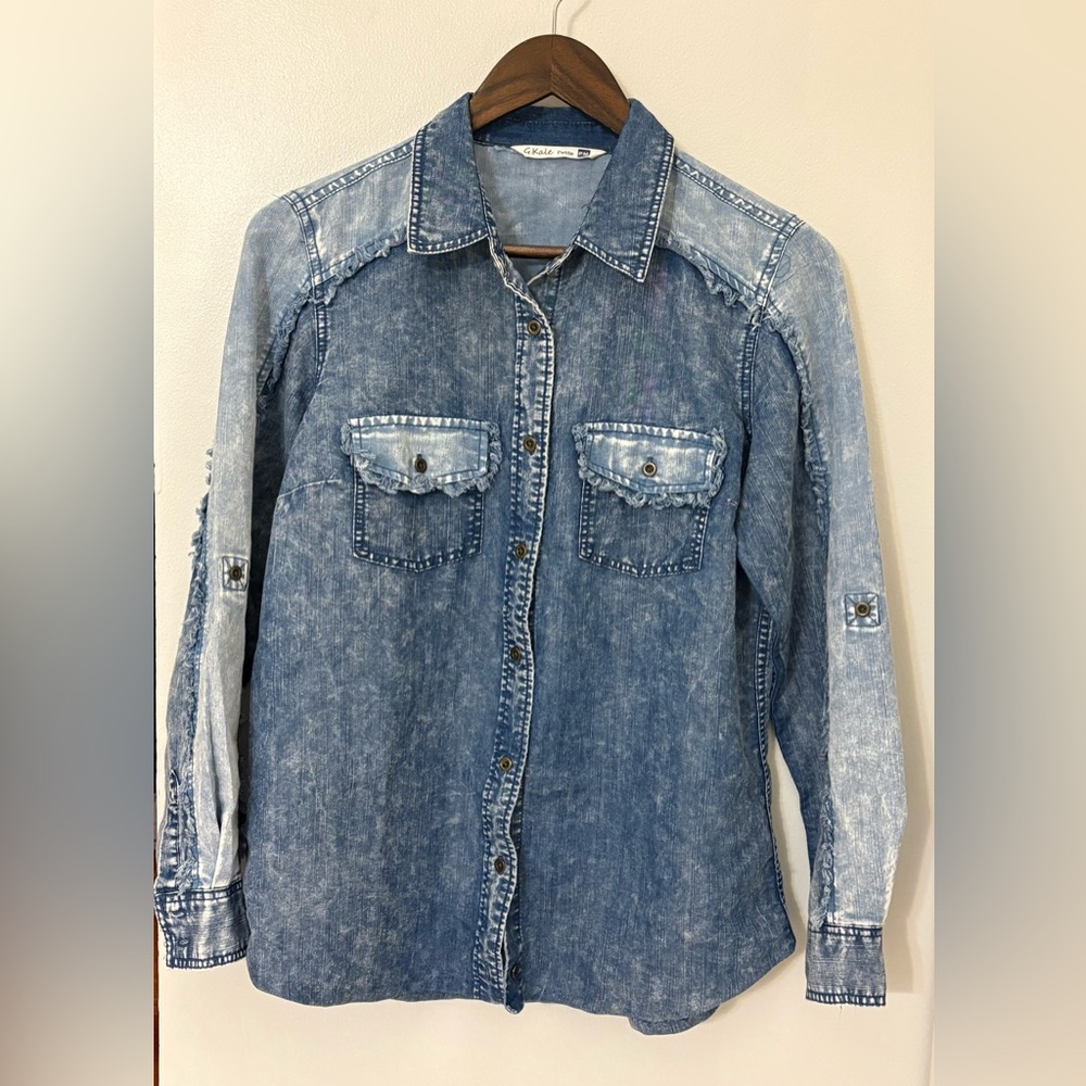 G.Kale Casual Blue Denim Button Down Shirt Size PM Petite